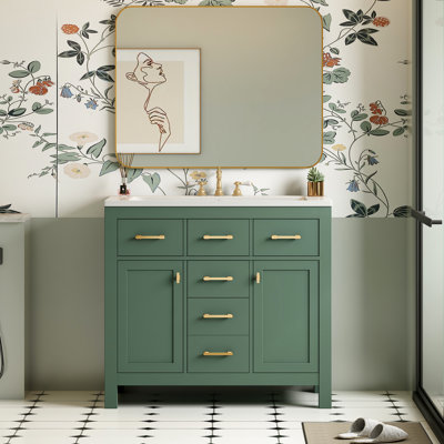 Meuble-lavabo de 36 pouces avec finition, lavabo en céramique, 2 armoires de rangement, 4 tiroirs, meuble-lavabo moderne, lavabo, armoires, trop-plein pré-percé, quincaillerie, installation facile