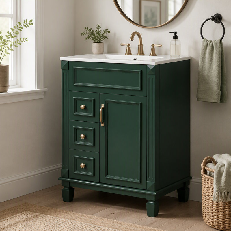 Meuble-lavabo de 61 cm avec lavabo en céramique, armoire moderne avec 2 tiroirs et tablette ajustable