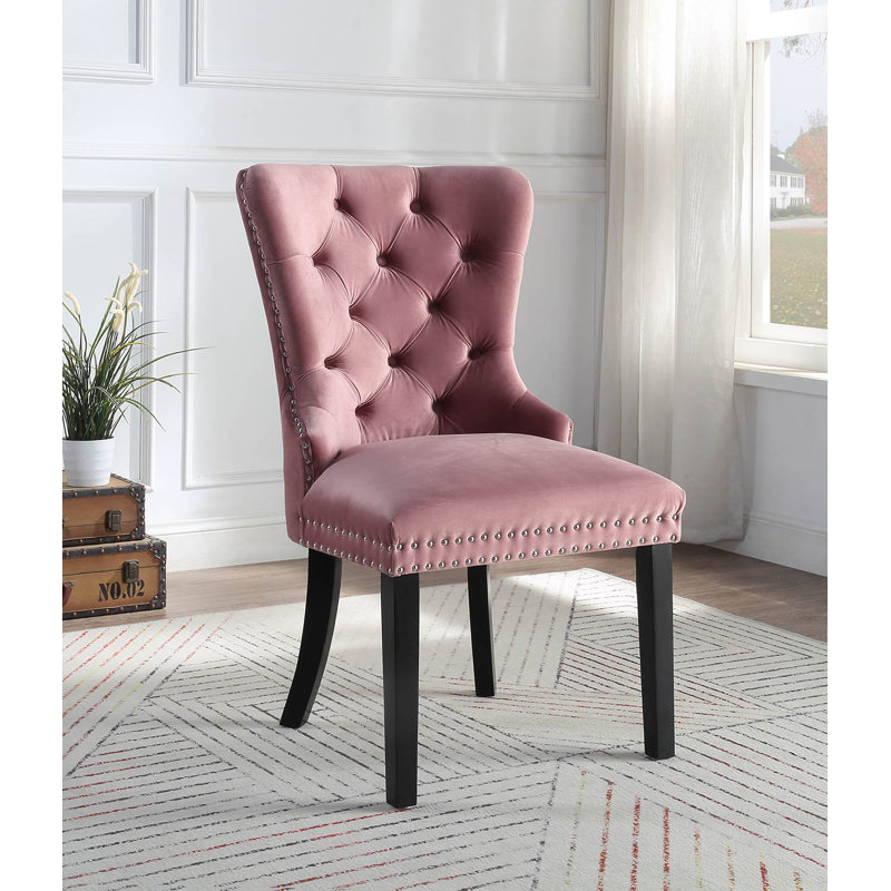 Belrue 20'' H Tufted Velvet Upholstered Walnut Side Chair, Pink