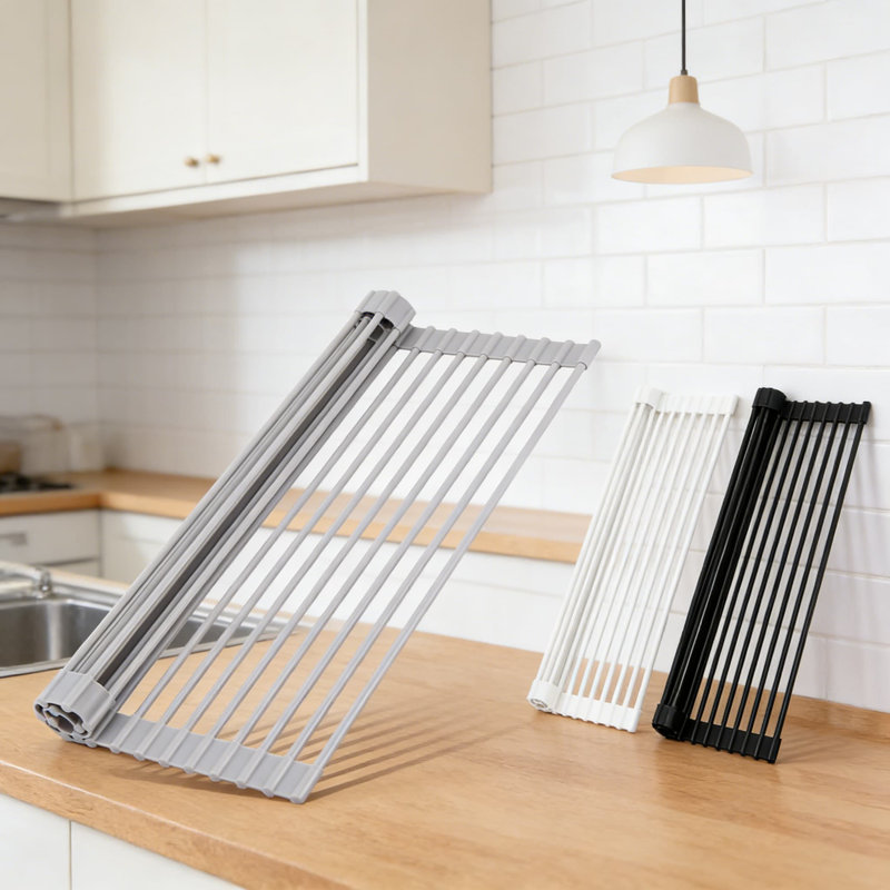 Égouttoir à vaisselle en silicone au-dessus de l'évier - Tapis de cuisine pliable et enroulable, résistant à la chaleur, antidérapant et peu encombrant pour vaisselle, casseroles et ustensiles