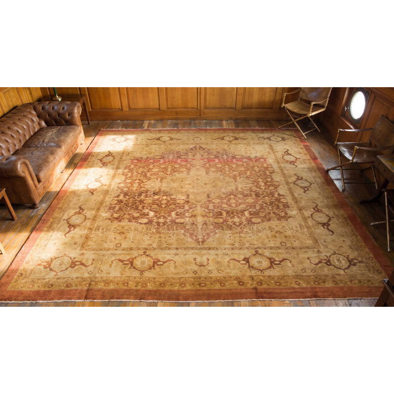 Antique Floral Medallion Wool Hand Knotted Pile Coral / Salmon Pink 1900s Rug