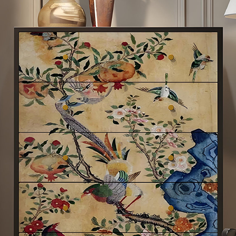 Armoire de rangement en bois massif à 5 tiroirs Floral Bird, Noir