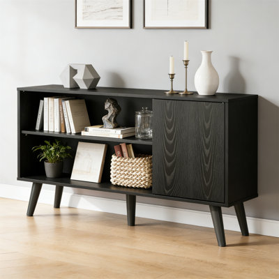 TV Stand For 43 Inch TV, Small Entertainment Center With Storage Cabinet & Adjustable Shelves, Mid-Century Modern, 32 Inch TV Console, Black