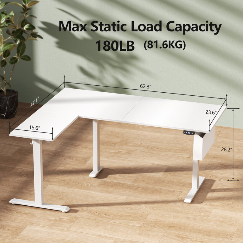 L-shaped Standing Desk – Adjustable Height Electric Desk With Memory Controller, White