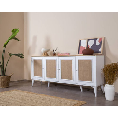 Modern Console Table with Soft-Close Doors, White & Oak Finish, 70.9 x 31.5 x 16.1 inches | 100% MDF Construction with Hornbeam Legs | Wall-Mountable Design, Multiple Shelves for Storage & Display, Scandinavian Style