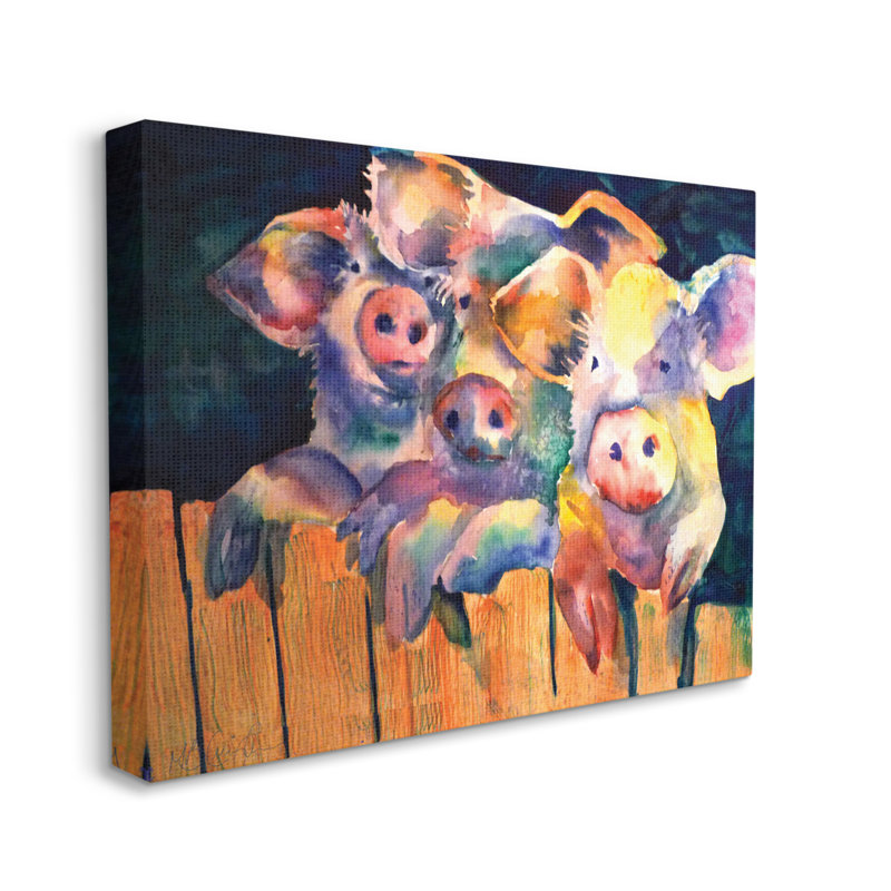 Three Pigs Peeking Fence Vibrant Modern Design par MB Cunningham - Peinture, Toile tendue, H 16 po x l 20 po x P 1,5 po