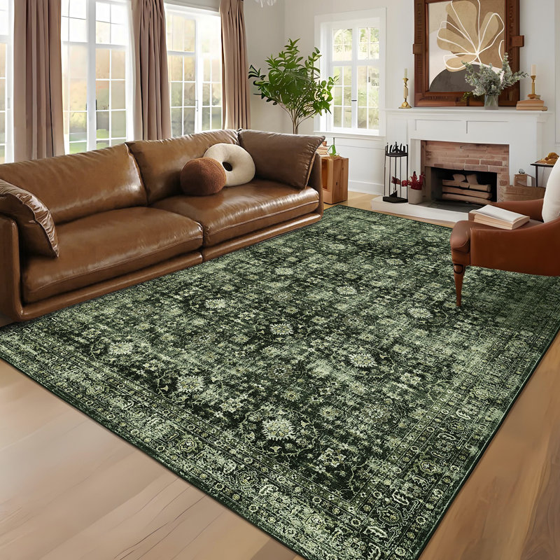 Washable Floral Rug Non-Slip Modern Farmhouse Living Room Carpet, Non-Shedding Low Pile Floor Mats, Foldable Print Accent Indoor Rug for Bedroom, Playroom, Nursery