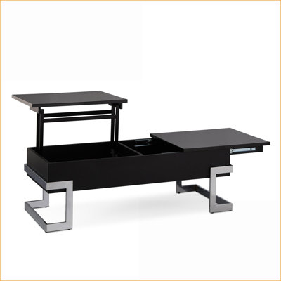 Table basse noire brillante avec rangement, couvercle semi-relevable et amp; Pieds chromés pour le salon