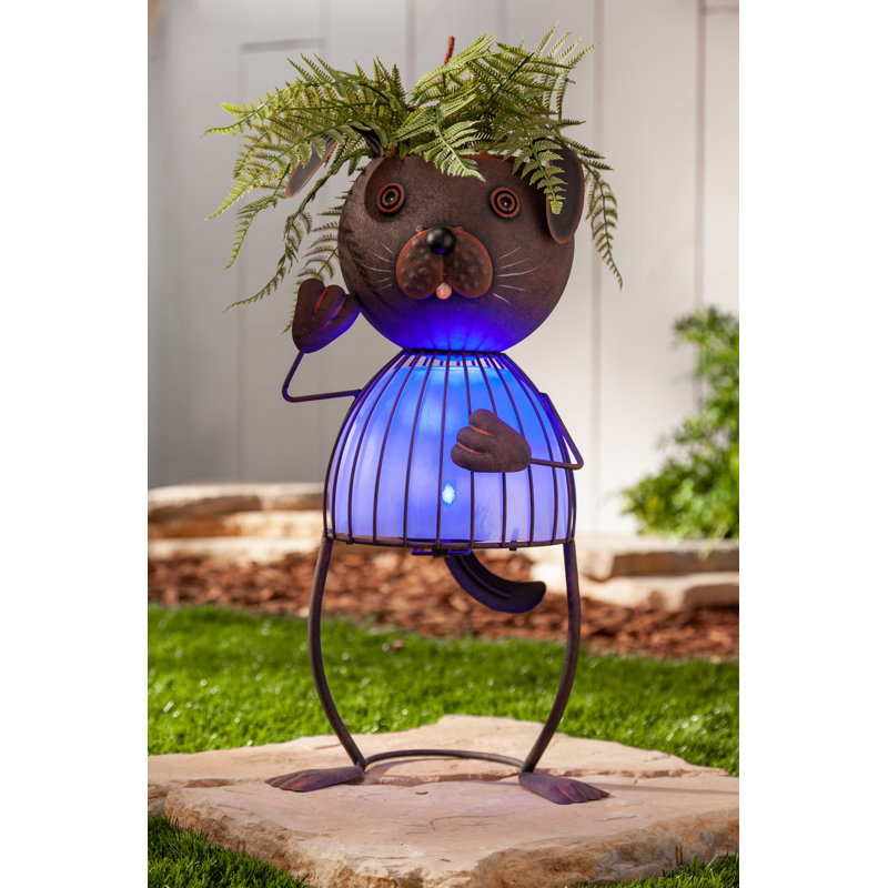 19.88 in H Blue Solar Lighted Metal Dog Pot Head
