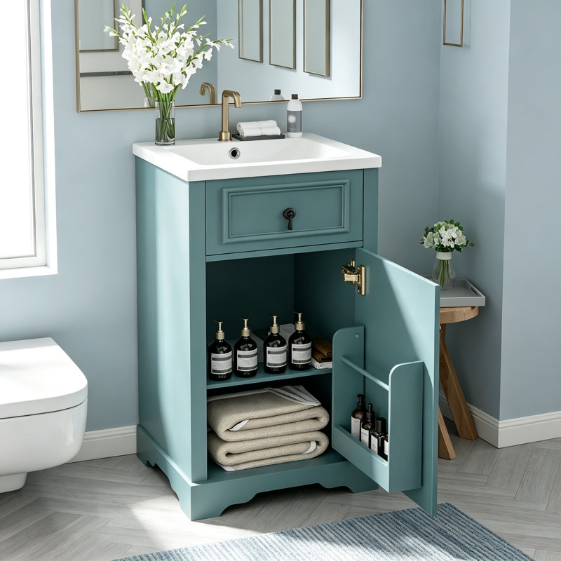 Meuble-lavabo de 20 pouces avec lavabo en céramique, porte à fermeture douce, tablette réglable et support de rangement fixé à la porte - idéal pour les petites salles de bain