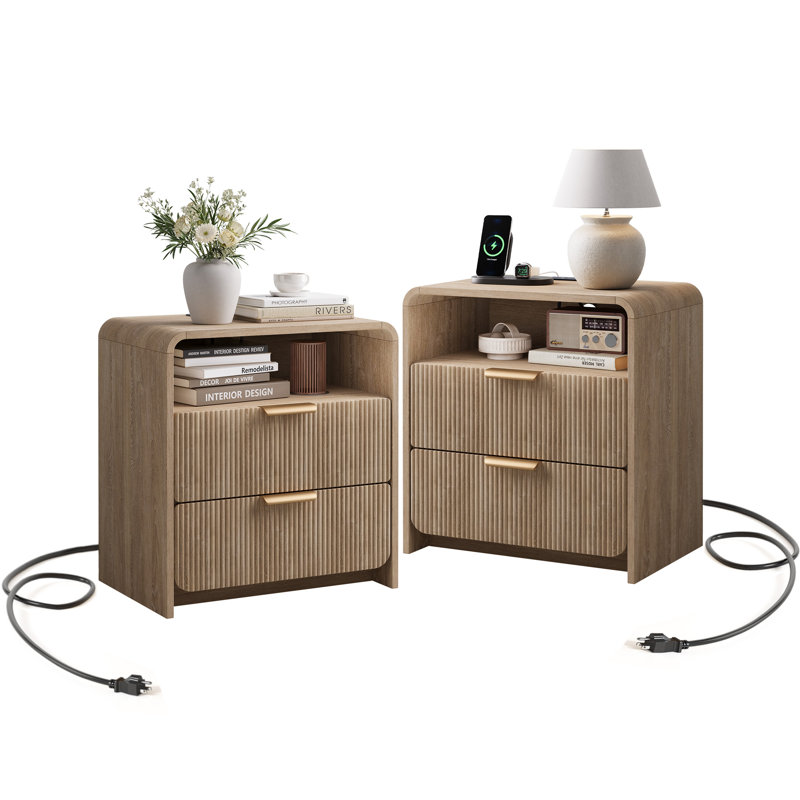 Table de chevet 25 po H 2 tiroirs avec station de charge, armoire de chevet cannelée moderne pour chambre à coucher, profil profilé incurvé