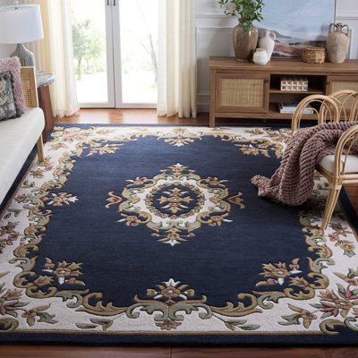Tapis en laine / coton touffeté à la main Aubusson bleu foncé / ivoire