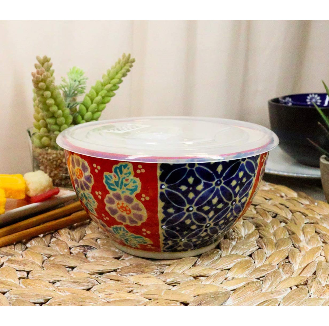 Ebros Pack Of 2 Ceramic Lunch Or Dinner Food Bowls With Airtight Storage Lid 6"Dia 3 Cups Size Take Out To Go Diet Meal Planning Refrigerator Microwave Dishwasher Safe (Blue Red Floral Patterns) (Set of 2) Trinx