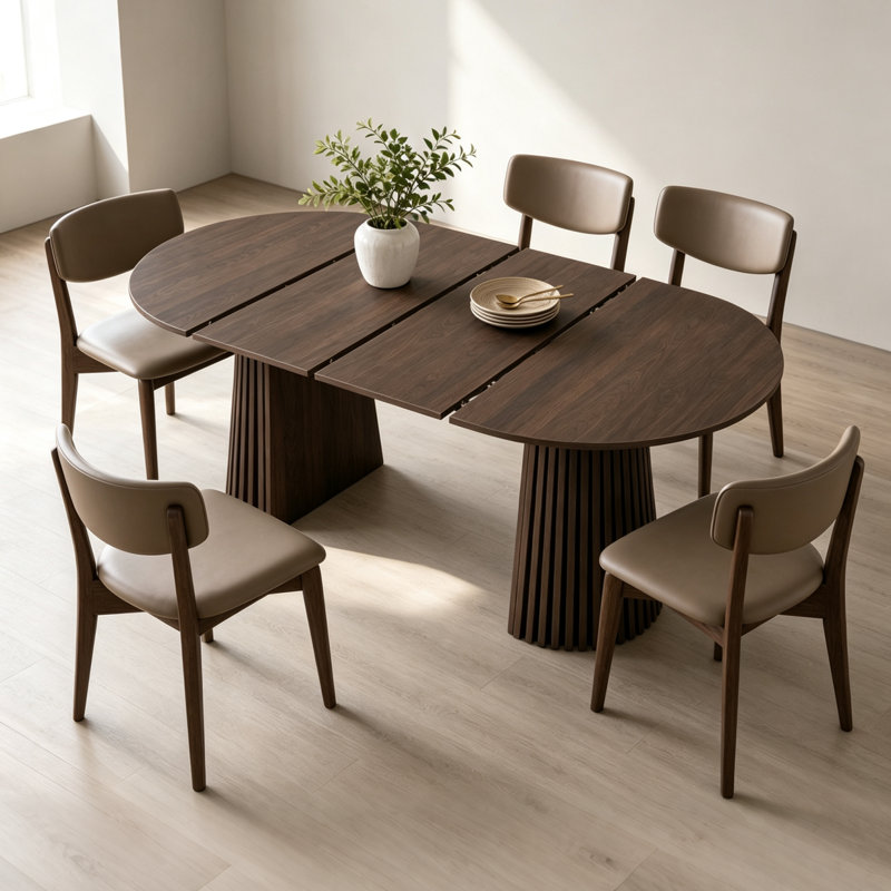 Table de salle à manger extensible Mid-Century moderne en noyer avec base piédestal, Naturel
