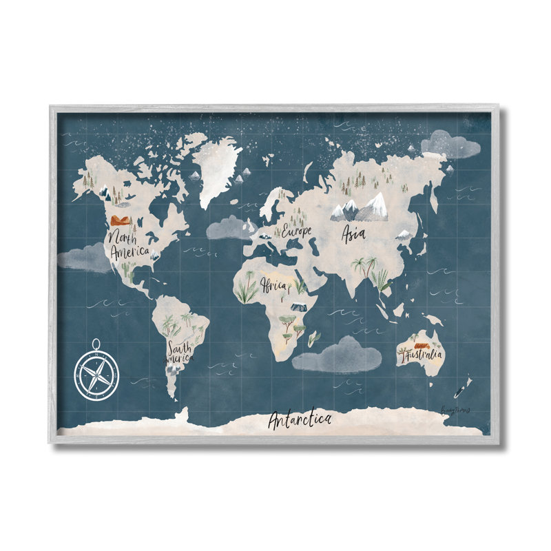 AC-469, bleu rétro, carte du monde, détails nautiques, impression, Estampe numérique Farmhouse, H 11 po x l 14 po x 1,5 po