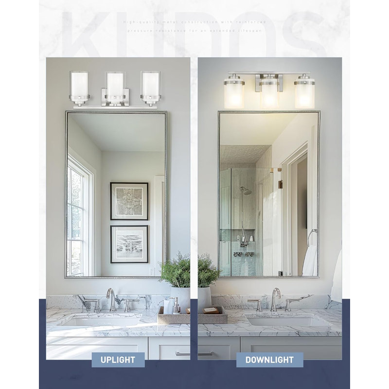 3-Light Bathroom Vanity Light Fixture With Dual Glass Shades, Brushed Nickel Modern Wall Sconce For Over Mirror Installation In Bathroom, Hallway