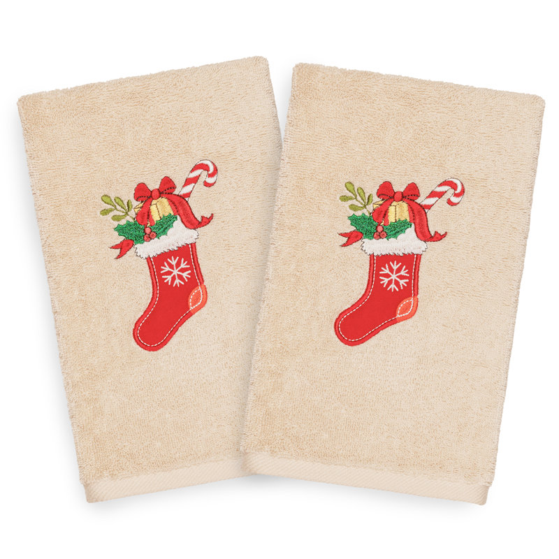 Christmas Stocking Embroidered Luxury Turkish Cotton Hand Towel, Sand