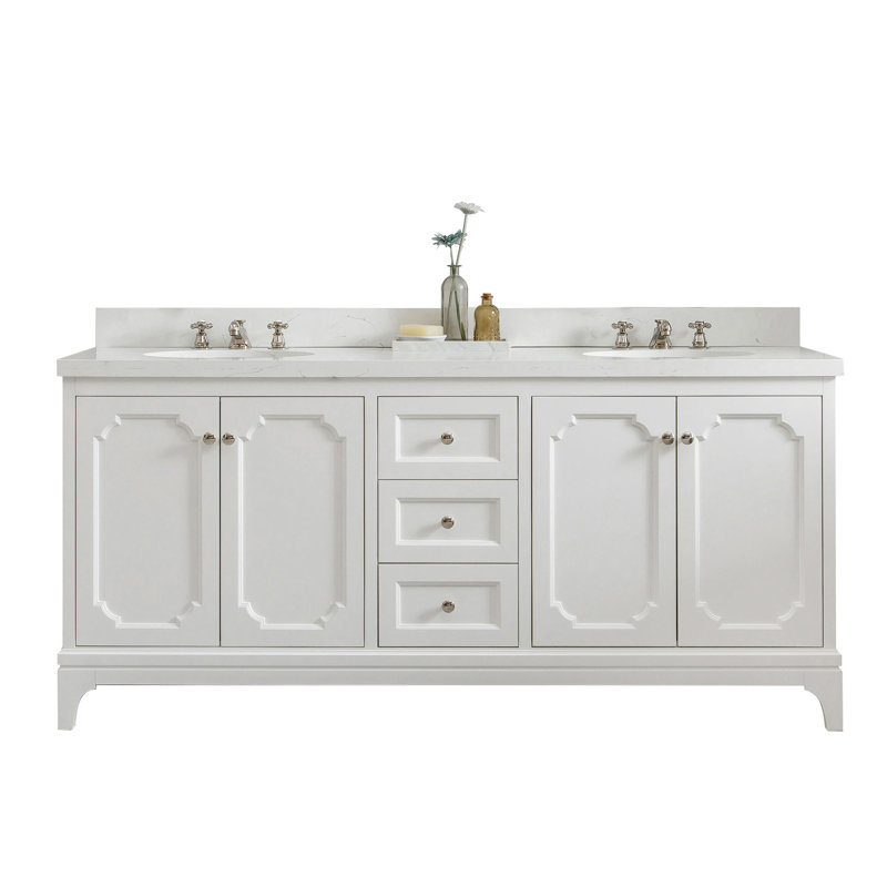 Bernardo Queen 72" Sink Carrara Quartz Countertop Bath Vanity with Faucet, Pure White, Hook