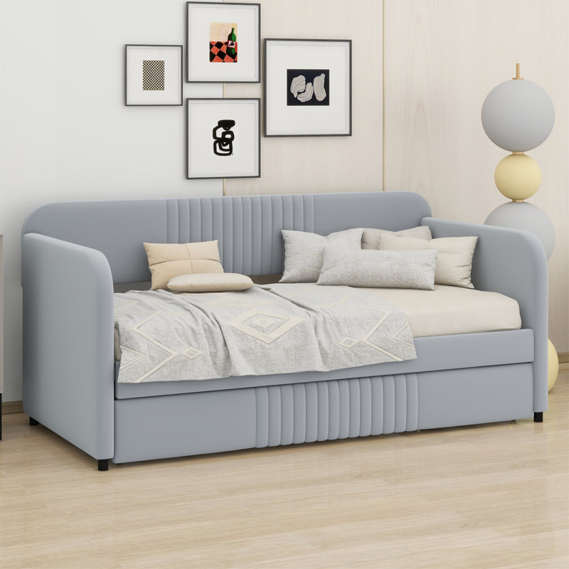 Upholstered Daybed Sofa Bed Twin Size With Trundle Bed And Wood Slat, Gray