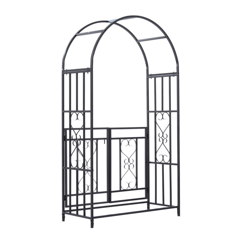 Black Steel Garden Arbor with Gate and Scrollwork
