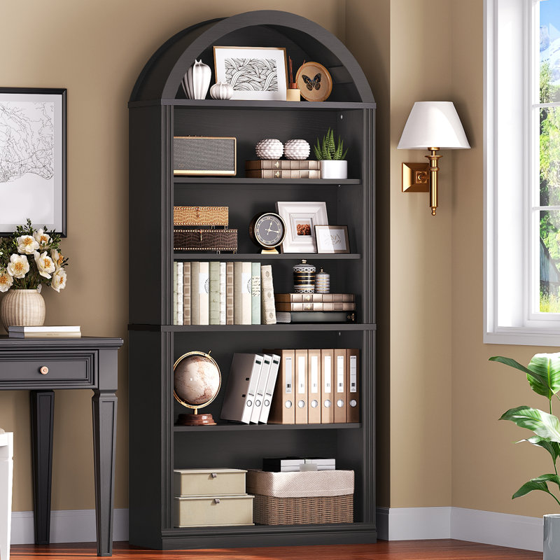 75.8" Farmhouse Arched Bookcase, 6-Tier Wooden Storage Organizer, Open Display and Storage Rack, Black