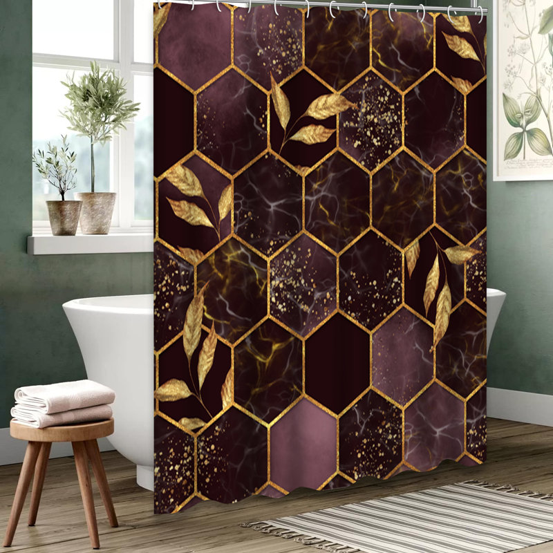 Rideau de douche hexagonal en marbre doré à 12 crochets, L 72 po x l 84 po