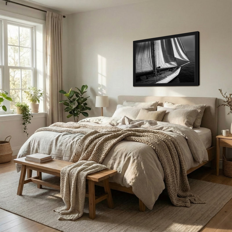 Voilier tendance sur l'eau calme en noir et blanc, H 24 po x l 36 po