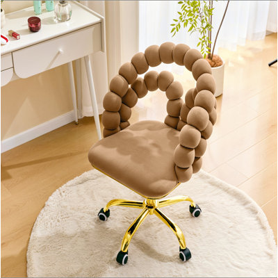 Fauteuil de bureau en velours pivotant avec dossier à bulles, fauteuil de coiffeuse mignon à hauteur réglable avec base dorée et roulettes pour la chambre à coucher et la salle de maquillage.