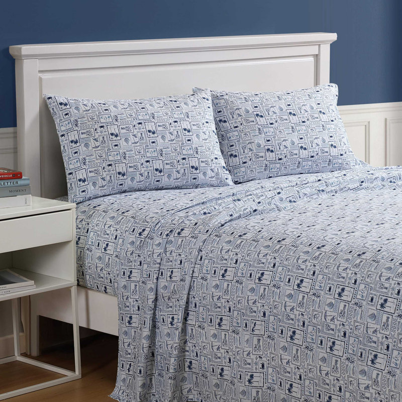 Nautica Beach Collage Blue Cooling Sheet Set, Queen Sheet Set with 2 Pillowcases, Beach Collage Blue
