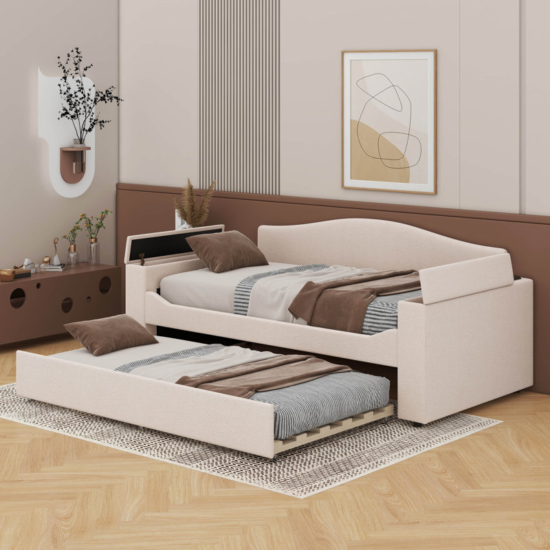 Twin Size Upholstered Daybed With Trundle,Storage Armrests And Latest Integrated Bluetooth Audio System, Beige