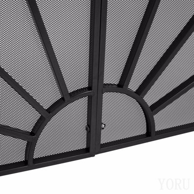 Black Fan‑Shaped Peacock Design Freestanding Fireplace Screen, 2‑Panel Ornate Metal Mesh Spark Barrier For Indoor Home Fireplaces, 41" L X 33" H