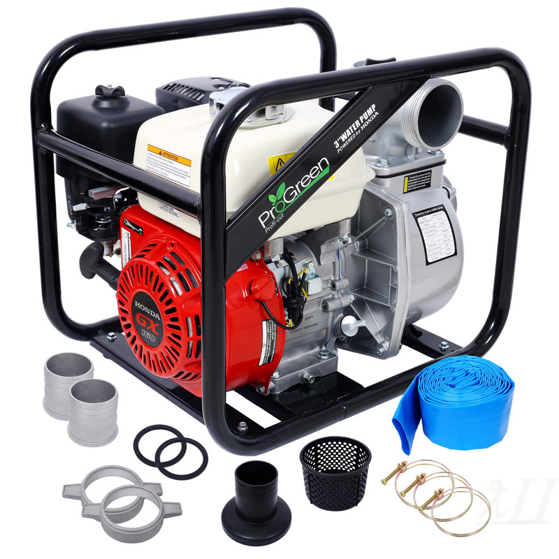 Pompe à eau 3 po 264 gallons par minute, moteur GX160 de 163 cm³, raccord de 3 po NPT avec tuyau plat de 25 pi