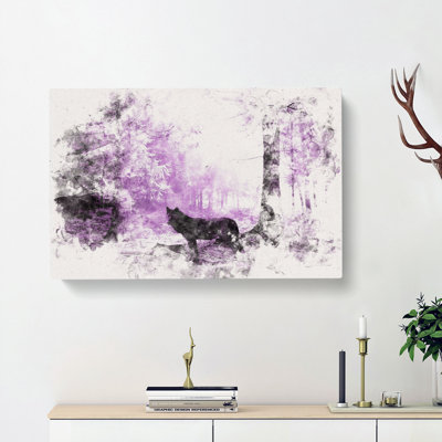 Black Wolf In A Purple Forest - Wrapped Canvas