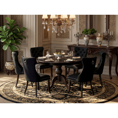 7 Piece Dining Table Set Consists of a 48" Round Table with Pedestal and 6 Black Polyester Upholstered Dining Chairs, Sand Blasted Black