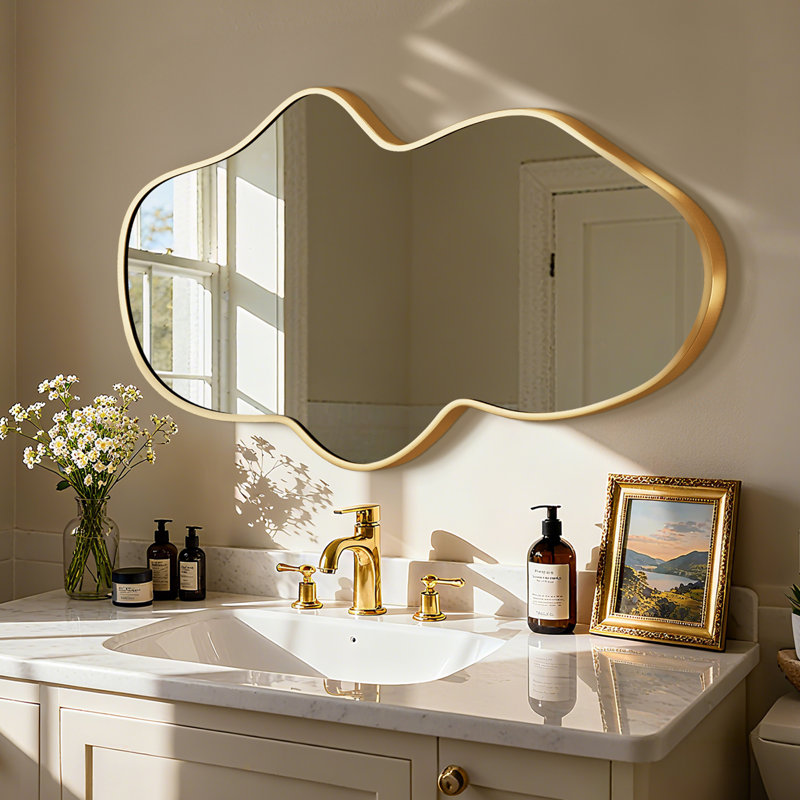 Modern Irregular Wall Mirror, Large Decorative Asymmetrical Vanity Mirror With Metal Frame For Bathroom, Bedroom, Living Room Or Entryway