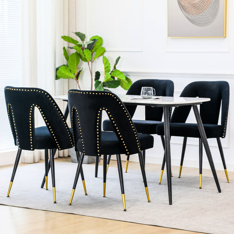 Black Velvet Dining Chairs With Metal Legs, Nailheads, And Gold Tipped Enchantment, Of 2 For Modern Contemporary Upholstered Chair Nailheads Black, Room