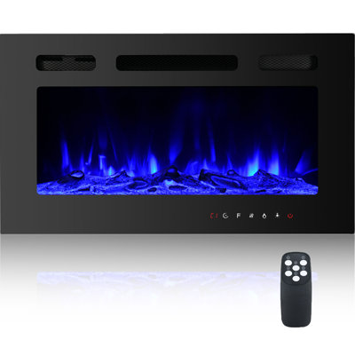 30 Inch Wall Mounted and Recessed Electric Fireplace with Remote Control, Timer, 12 Flames, Touch Screen, Linear FirePlace Heater with Log & Crystal for Living Room