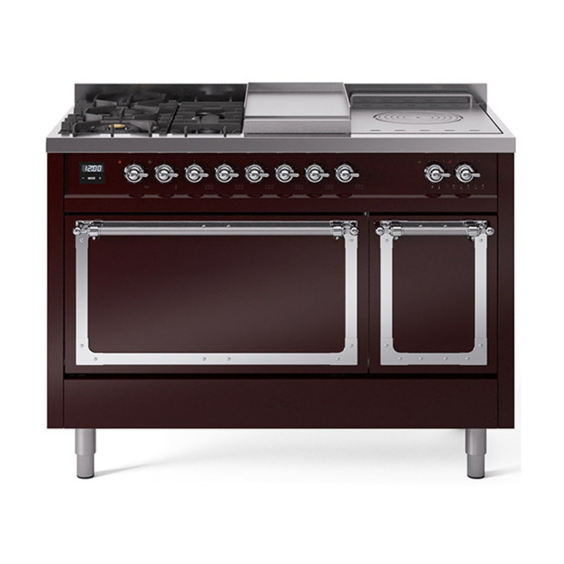 ILVE Nostalgie II Noblesse 48 in Dual Fuel Range, 5 Burner, Griddle, Frenchtop, Burgundy/Chrome, Natural Gas