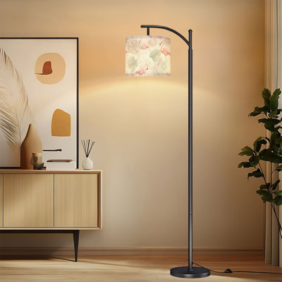 Arc Floor Lamp with Adjustable Lampshade Elegant Flamingo Soft Tropical Leaves Pastel Colors Standing Lamp 3 Color Temperatures Dimmable Tall Pole Lamp with Foot Switch for Bedroom