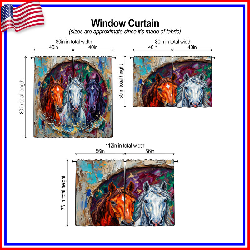 Trois rideaux de fenêtre colorés Chevaux obscurcissant et obscurcissant - 2 panneaux, 40in x 61in - 2 panels, Sheer