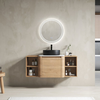 Meuble-lavabo de 48 po avec lavabo d'art en céramique, 2 tablettes de rangement, porte à fermeture en douceur, matériau en contreplaqué, esthétique moderne, couleur chêne imitation, emballage en kd, dalle de pierre blanche, surface lisse durable