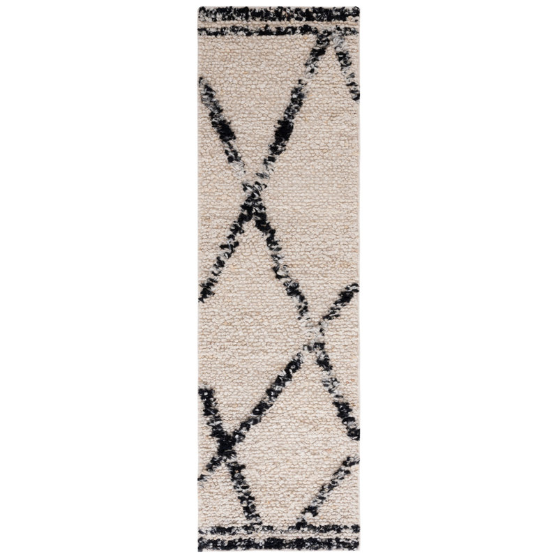 Tapis noir / ivoire en laine et coton Amajah, Tapis de couloir 2 pi 3 po x 8 pi
