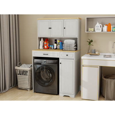 Over the Washer, Dryer and Robot Vacuum Storage Cabinet suitable for Compact Washing Machines, Laundry Room Storage Organizer with 1 Laundry Basket, 1 Drawer and 2 Adjustable Shelves-Antique White