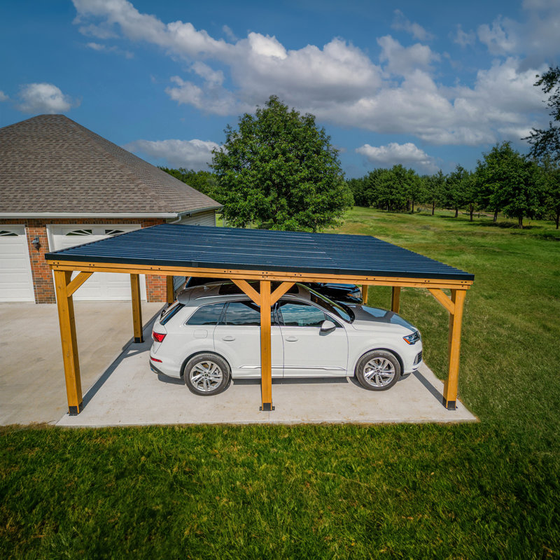 Backyard Discovery Kingsport 20' x 20' Cedar Wood Outdoor Carport with Heavy-Duty Galvanized Steel Slope Roof and PowerPort
