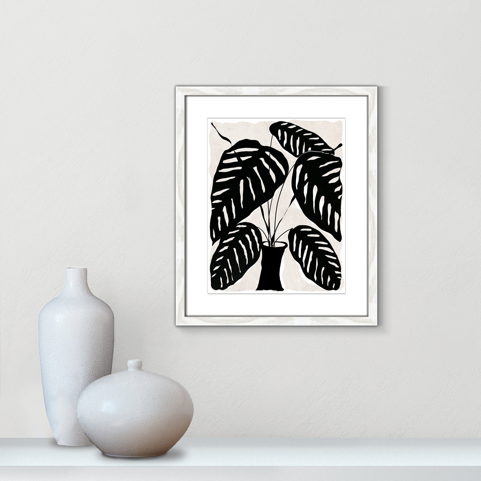 Black and White Potted Plant I Print, 19" H x 16" W x 0.75" D, White Framed