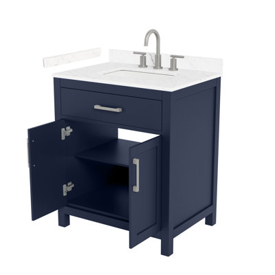 Beckett 30 Inch Single Bathroom Vanity in Dark Blue, Carrara Cultured Marble Countertop, Undermount Square Sink (3-Hole), Brushed Nickel Trim