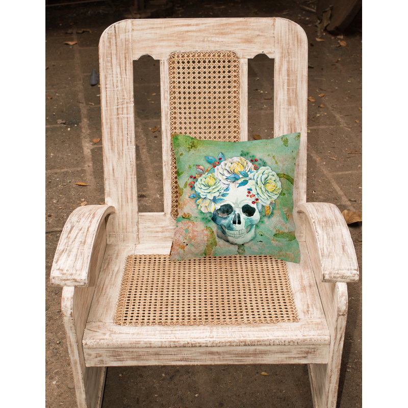 Coussin intérieur/extérieur crâne avec fleurs, 18 po x 18 po