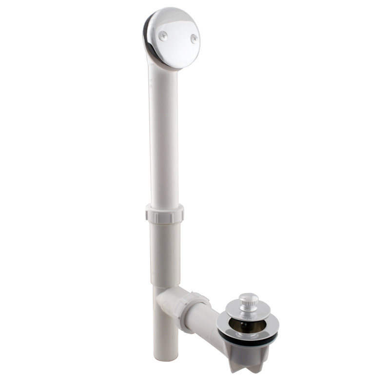 14" White Polypropylene Twist & Close Bathtub Leg Drain Assembly with 2-Hole Overflow, Powder Coat White