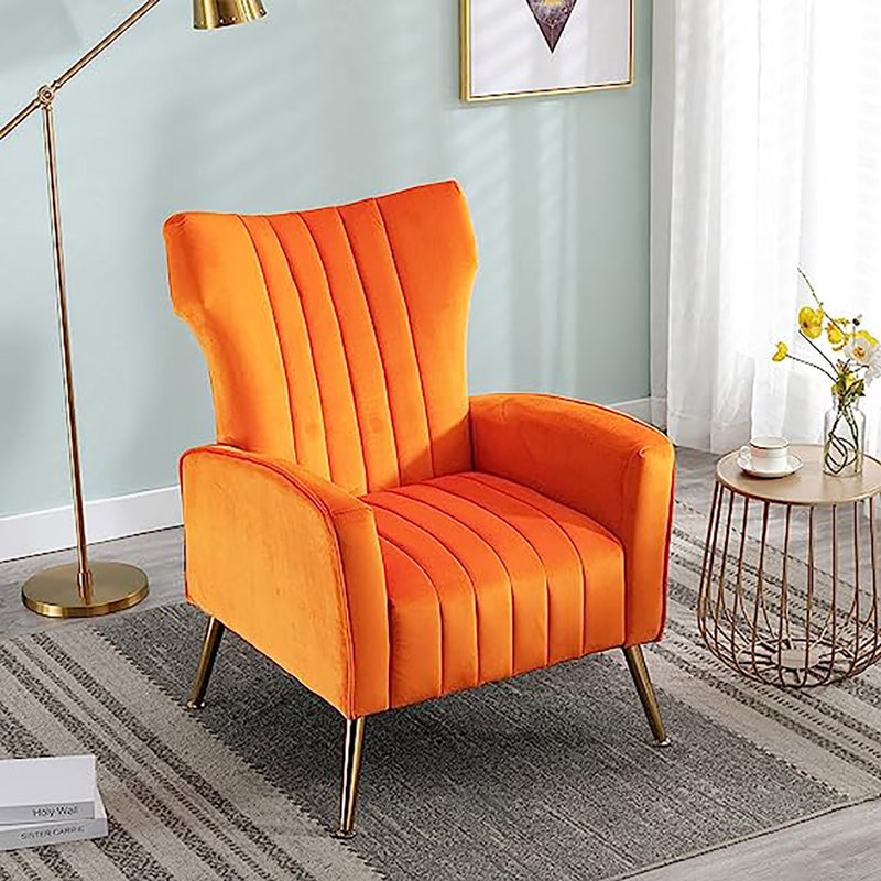 Orange Velvet Wingback Accent Chair with Gold Legs