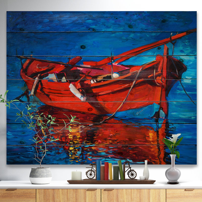 « red bateau over the ocean », peinture, Bois, H 30 po x l 40 po x P 1,5 po